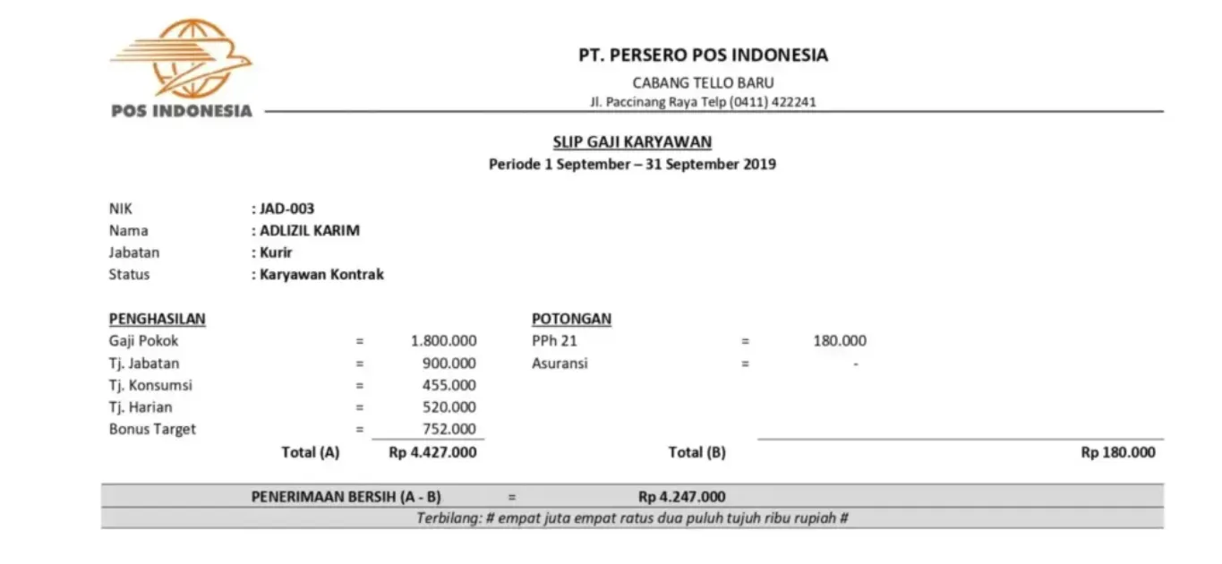 Contoh Slip Gaji Karyawan Kontrak