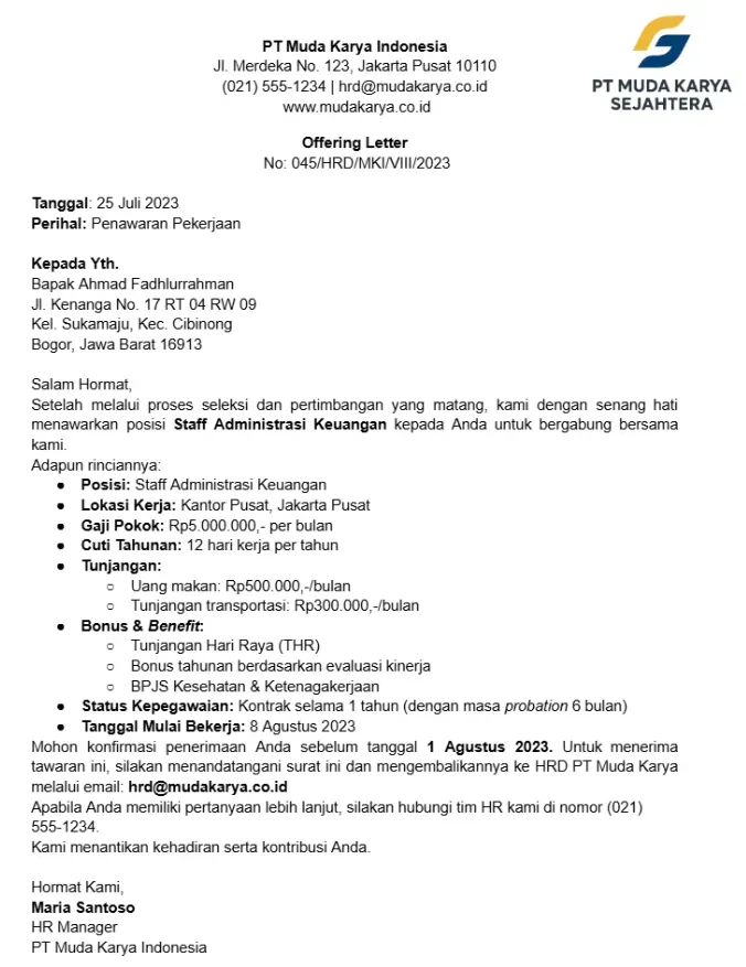 Contoh Offering Letter Karyawan Baru