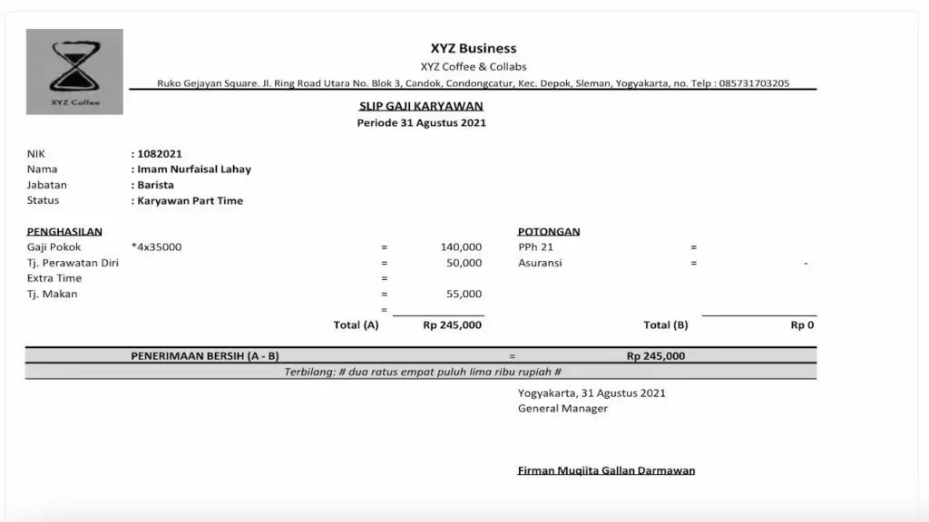 Contoh Slip Gaji Karyawan Part-Time