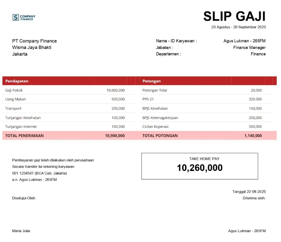 Contoh Slip Gaji Karyawan Swasta