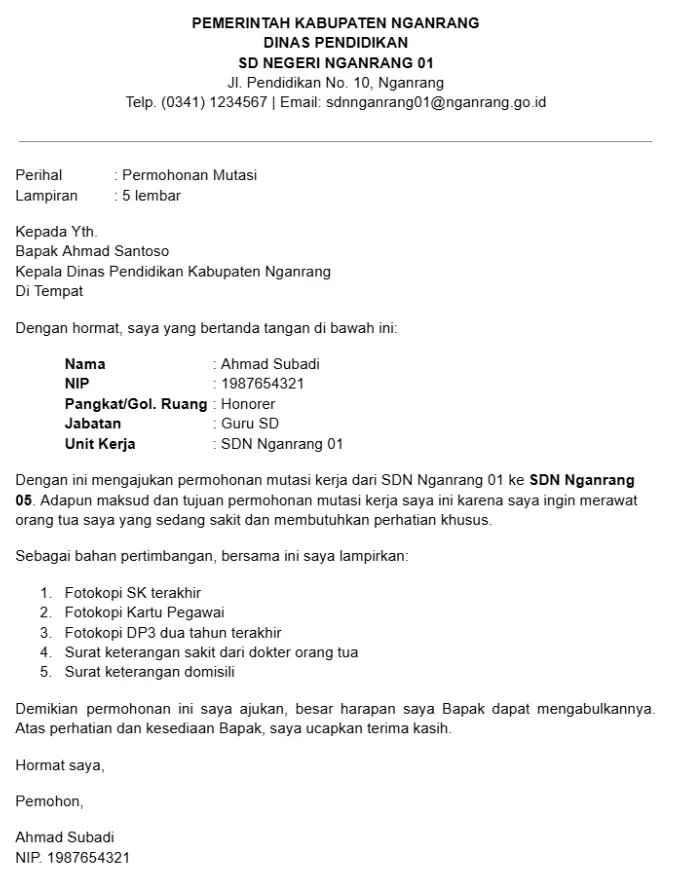 Contoh Surat Mutasi Guru SD
