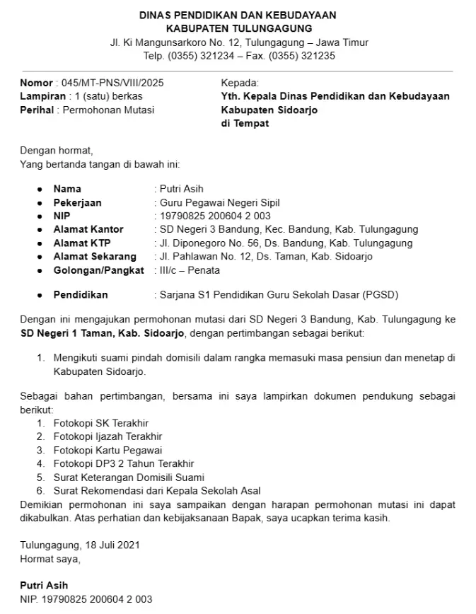 Contoh Surat Mutasi Guru PNS