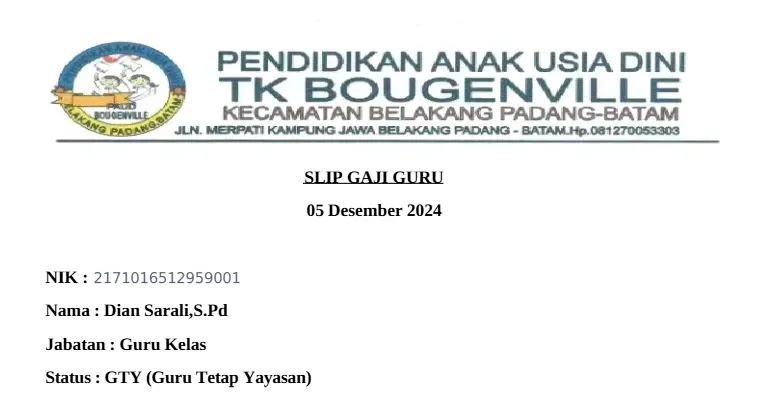 Identitas Guru pada Contoh Slip Gaji