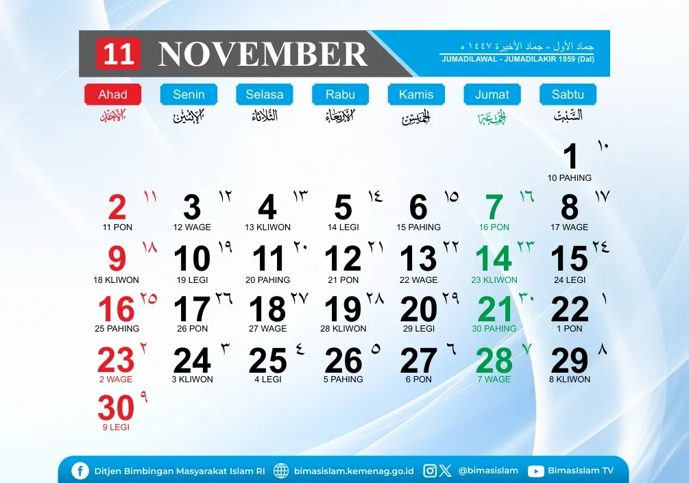 Kalender November 2025: Tanggal Merah, Hari Besar, Weton Jawa & Hijriah