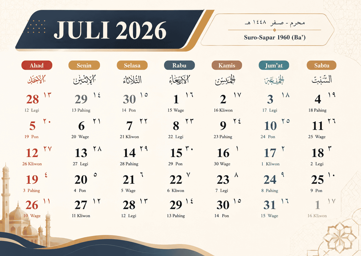 Kalender Juli 2026: Tanggal Merah, Cuti Bersama, Hijriah & Weton Jawa