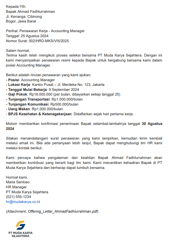 Contoh Email Offering Letter