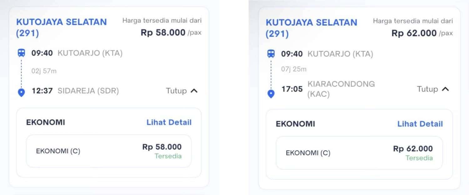 Harga tiket KA Kutojaya Selatan I Sumber: KAI Access