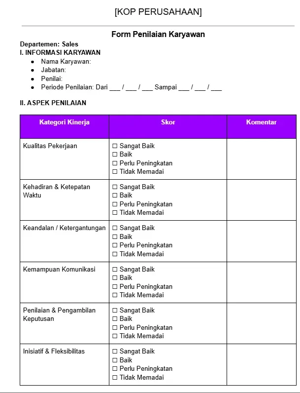 contoh Form Penilaian Kinerja Karyawan di Perusahaan