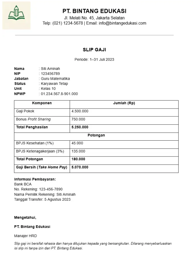 Contoh Slip Gaji Guru Swasta