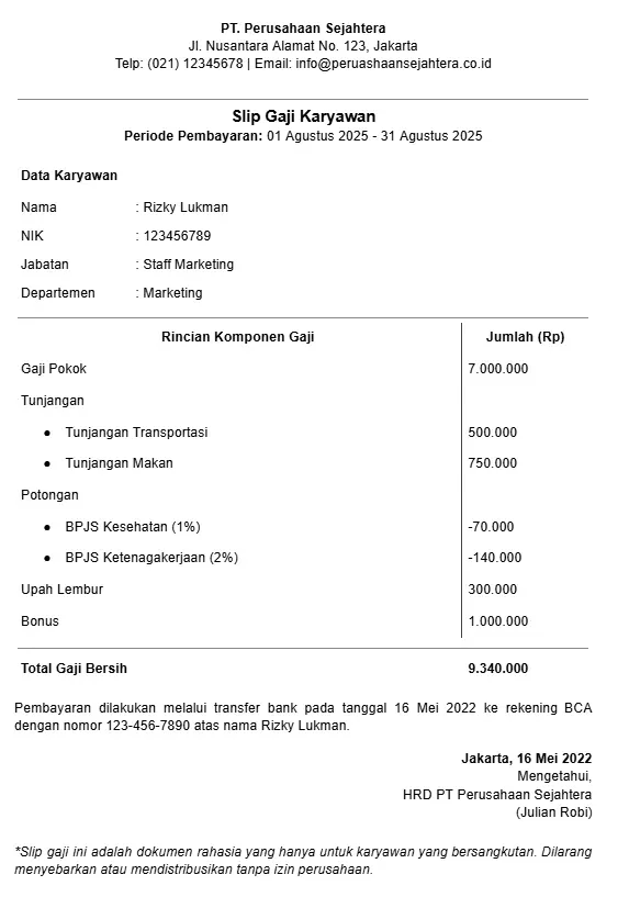Contoh Slip Gaji Word 